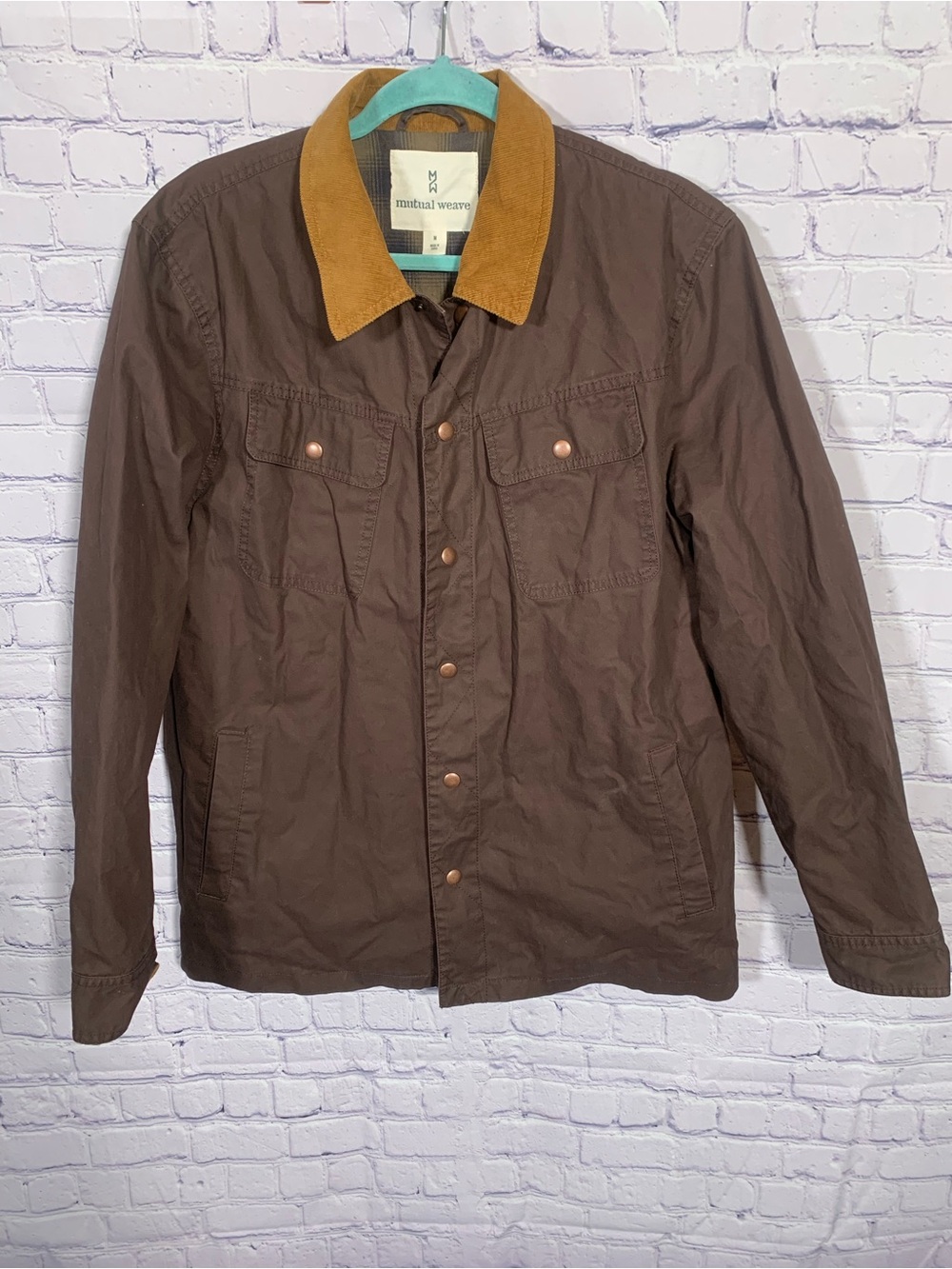 Mutal Weave Mens Canvas Flannel Lined Chore Barn Coat Brown Sz M Corduroy Collar